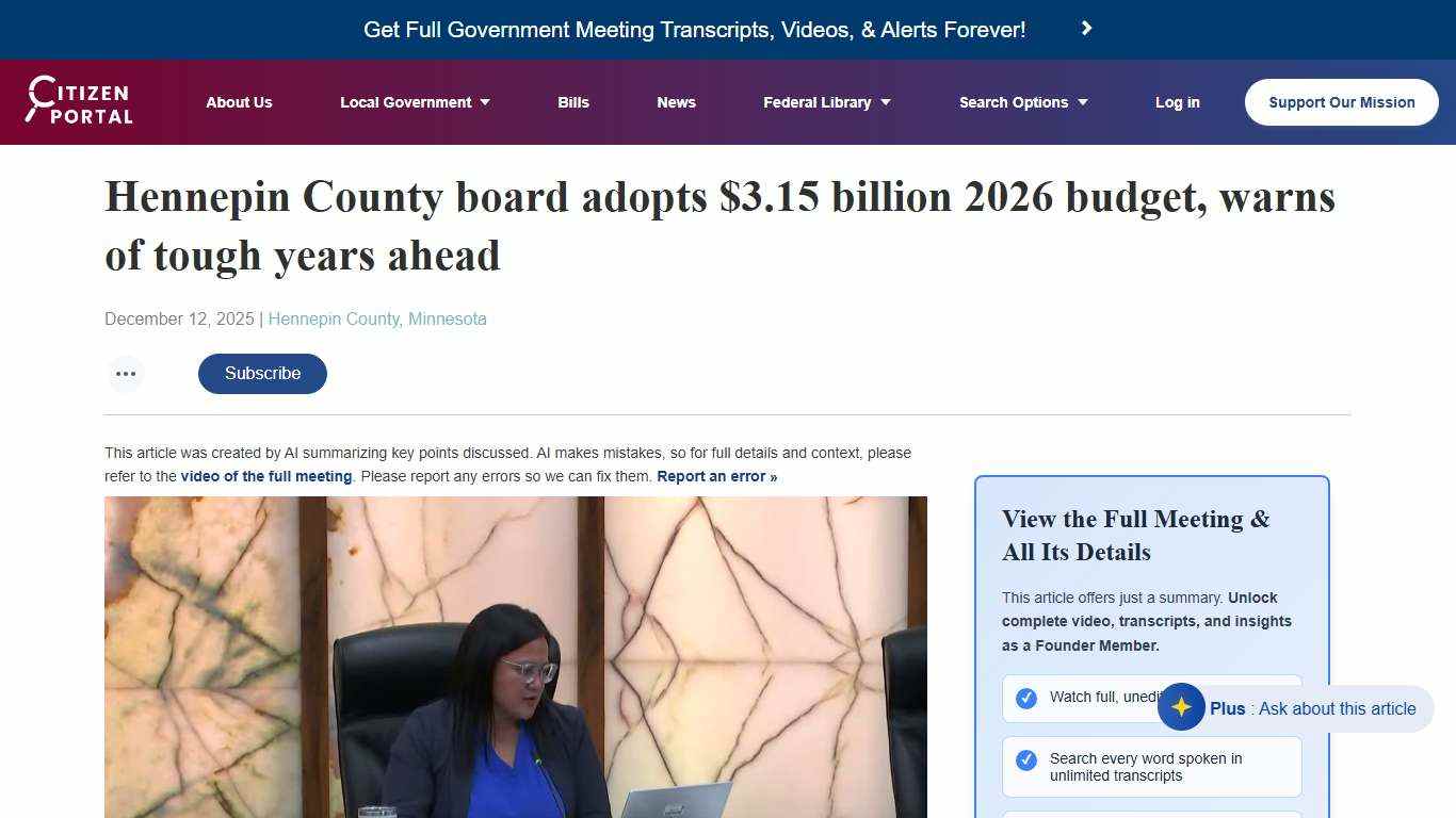CitizenPortal.ai - Hennepin County board adopts $3.15 billion 2026 budget, warns of tough years ahead