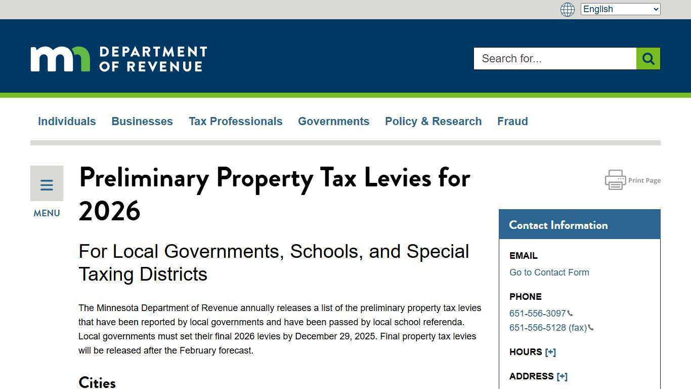Preliminary Property Tax Levies for 2026 | Minnesota Department of Revenue